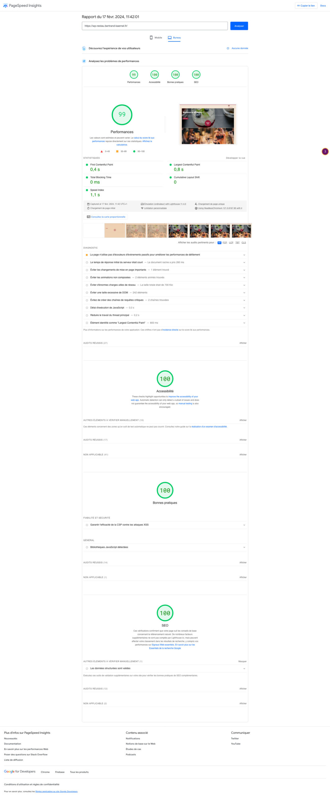 Résultat du test de la page d'accueil sur GooglePageSpeed